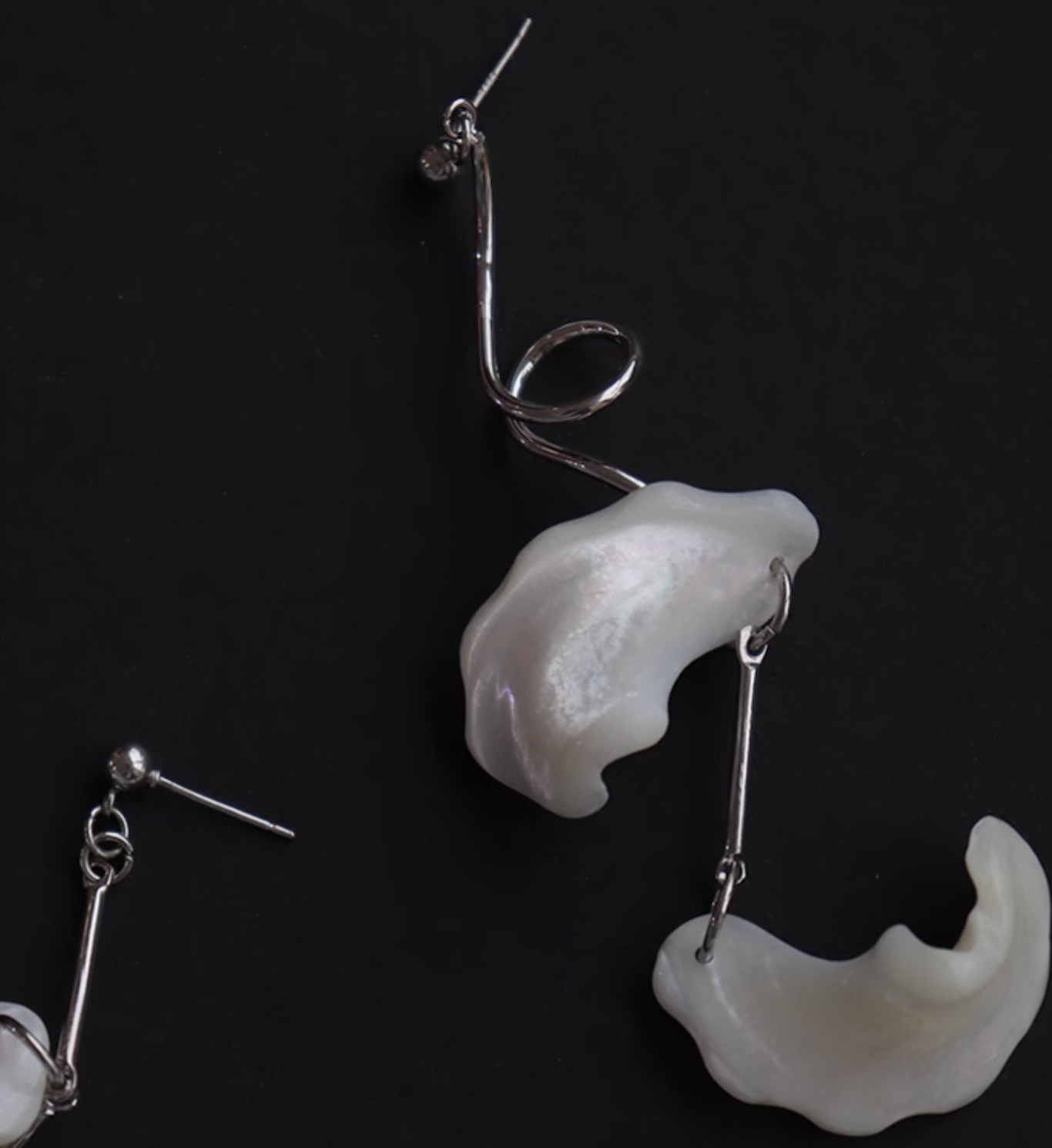 Seashell Pearl Earrings, Exaggerated, Asymmetrical, Gentle, Personalized Cloud Earrings with Silver Pins